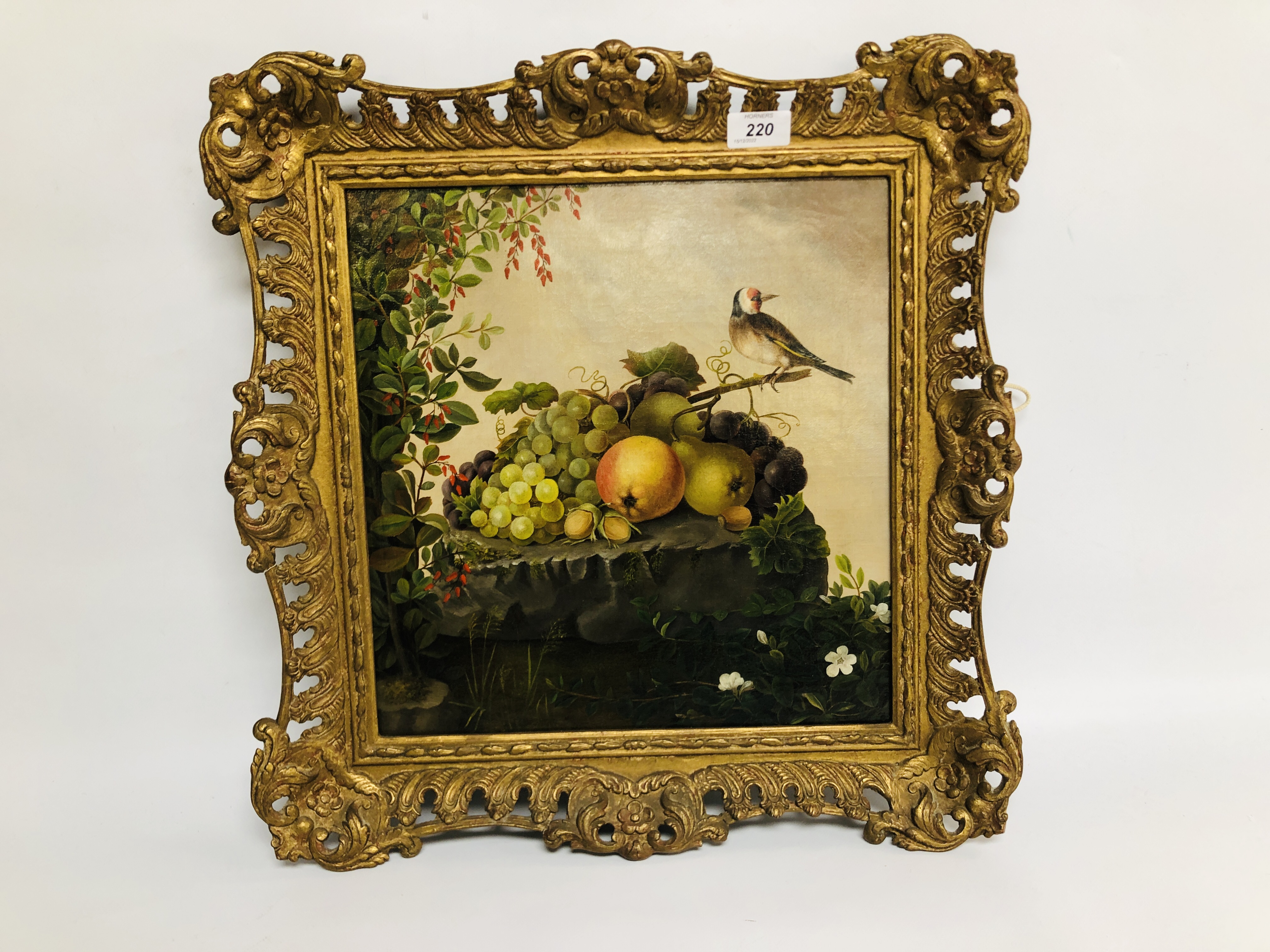 ENGLISH SCHOOL CIRCA 1900 "STILL LIFE WITH FRUIT AND FINCH", OIL ON CANVAS 36 X 35CM.