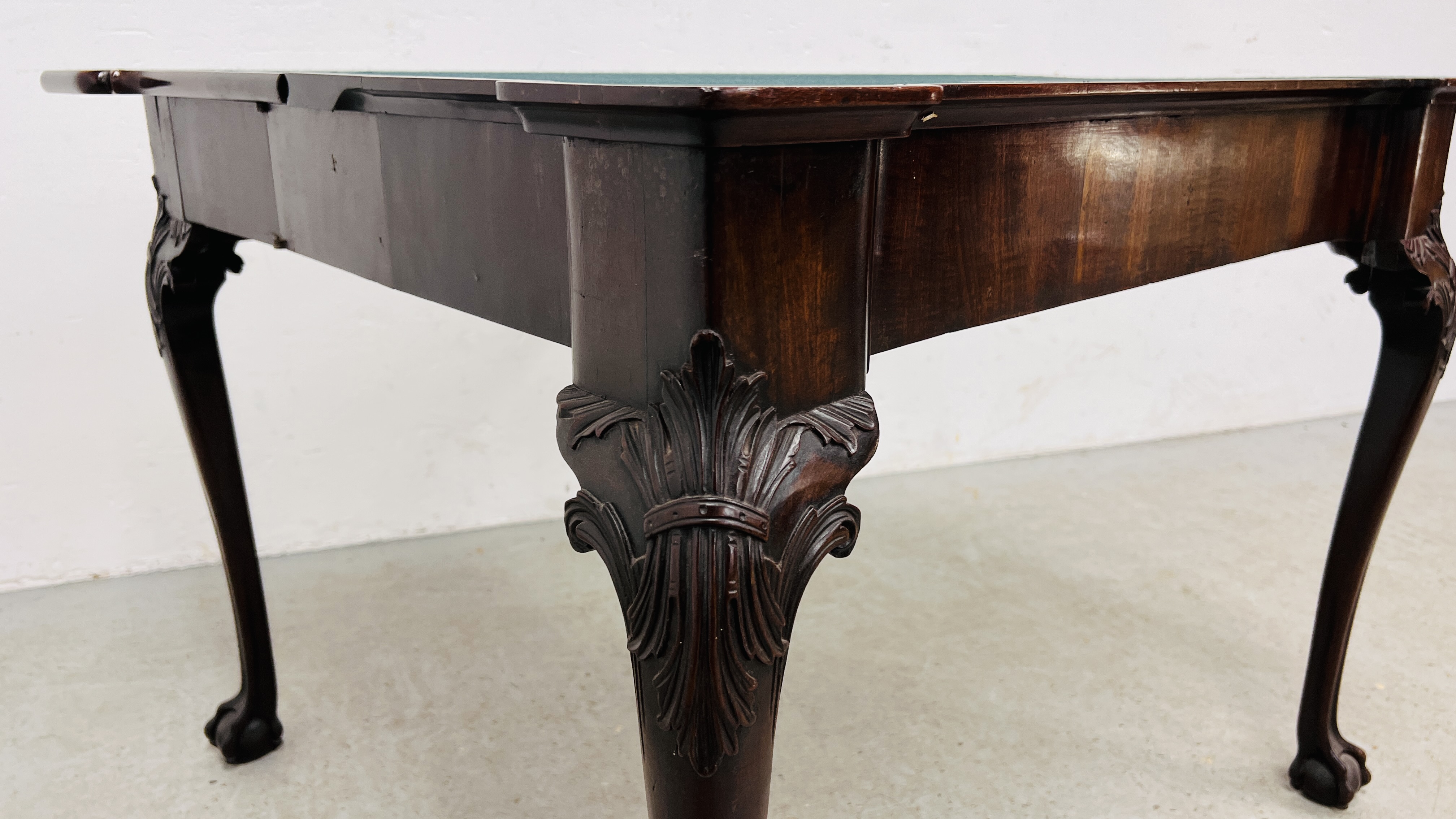 A GEORGE III MAHOGANY GAMING TABLE, THE TOP WITH GUINEA WELLS AND CANDLE CORNERS, - Image 4 of 22