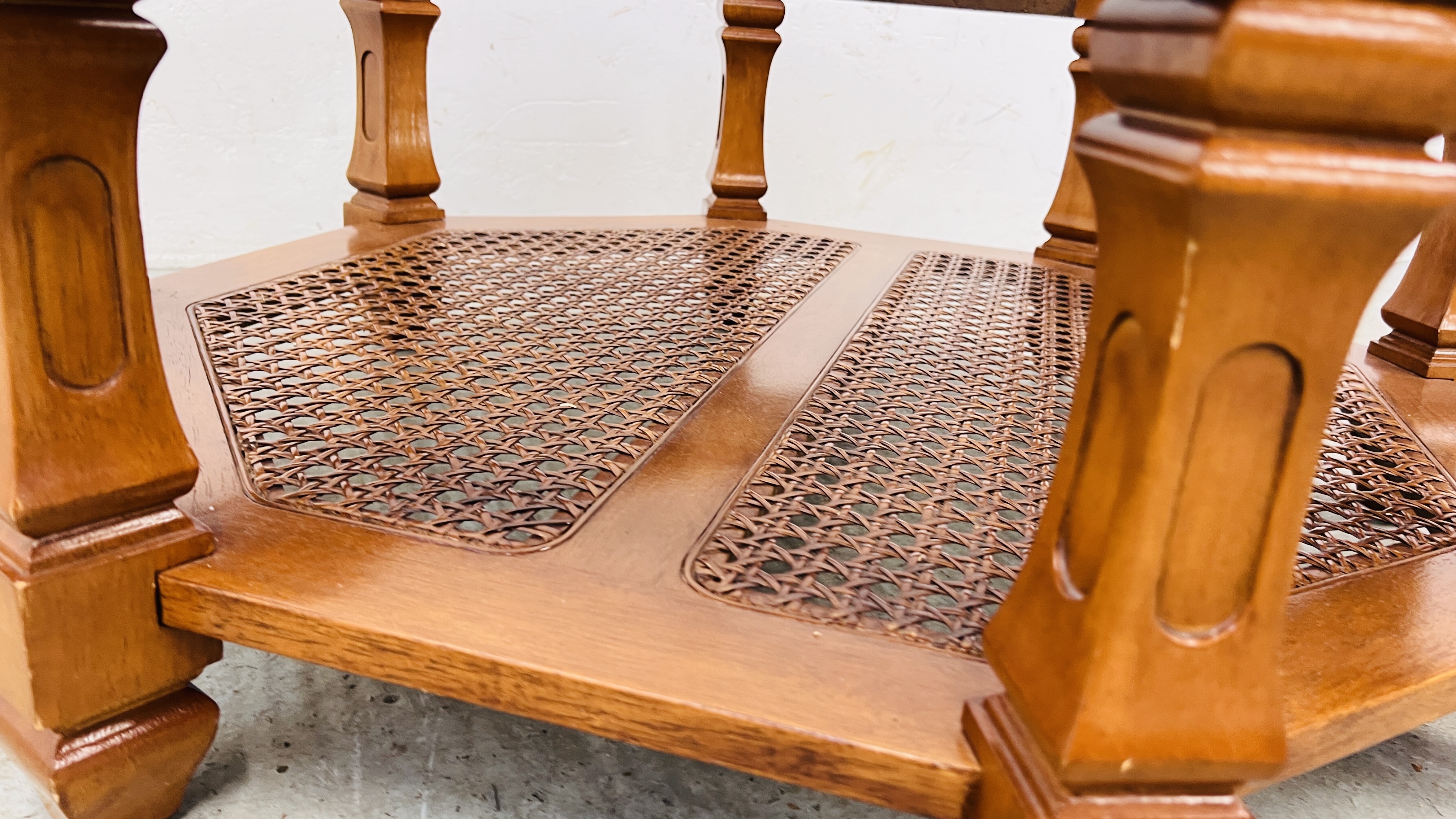 A GLASS TOP OCTAGONAL COFFEE TABLE WITH LOWER BERGERE WORK SHELF - Image 6 of 9