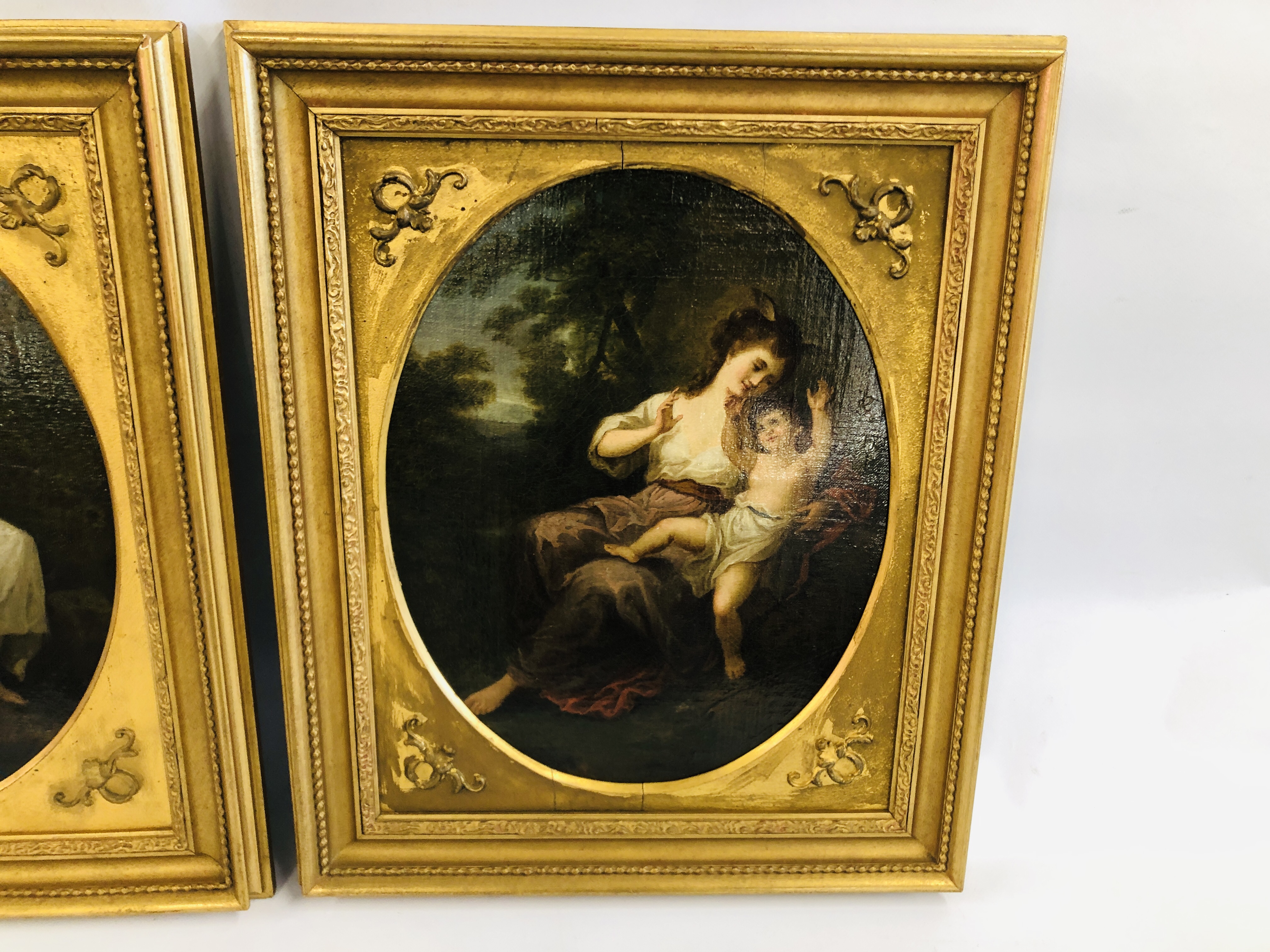 A PAIR OIL ON CANVAS CLASSICAL SCENES "MOTHER & CHILD" AND REVEALING LADY, - Image 4 of 8