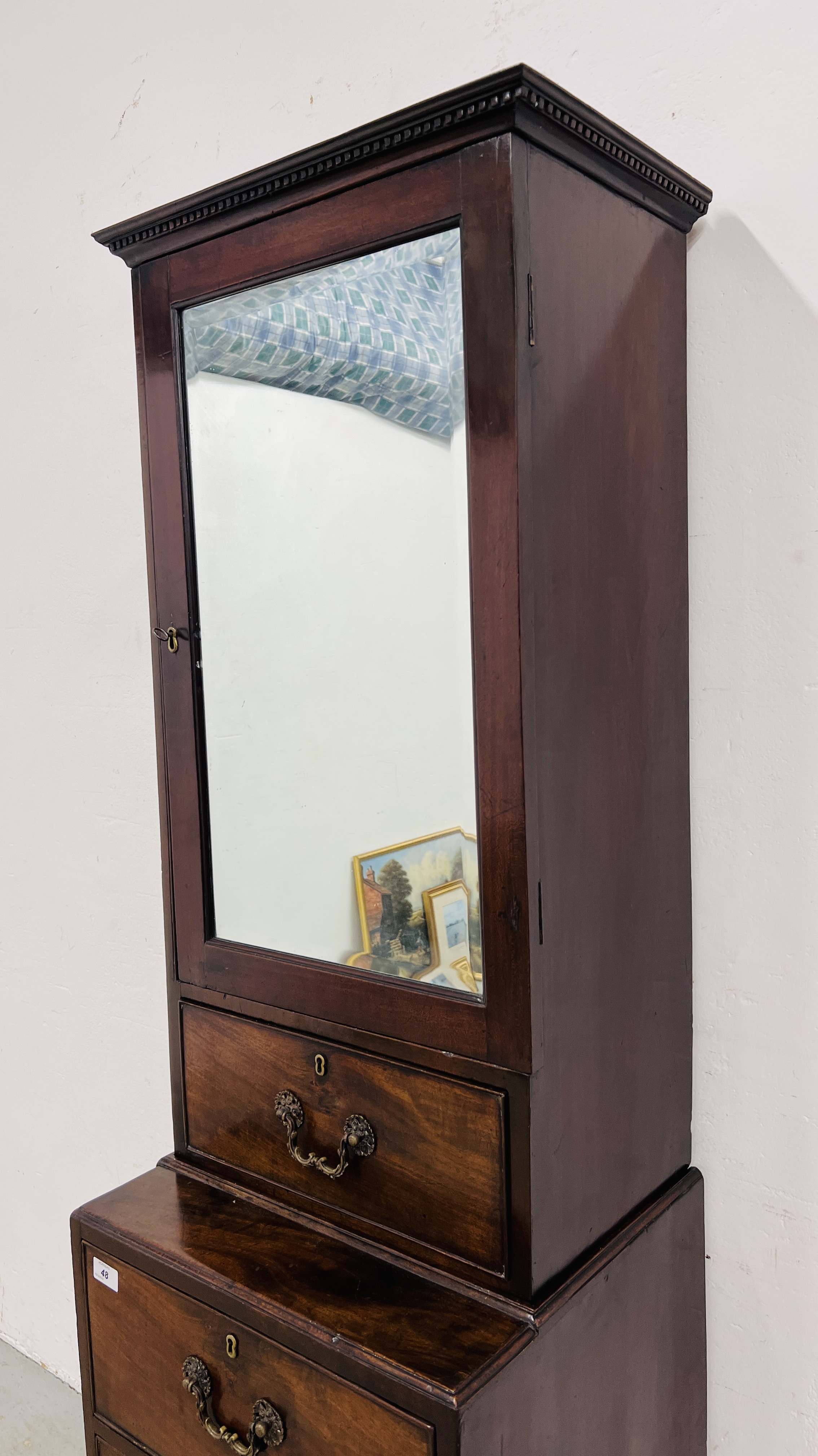 A GEORGE III AND LATER MIRRORED CUPBOARD ON CHEST HEIGHT 173CM. WIDTH 48CM. DEPTH 42CM. - Image 3 of 17
