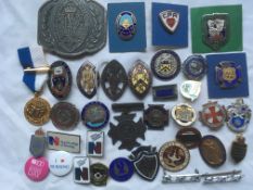 TUB WITH NURSING AND HEALTHCARE RELATED BADGES ETC.