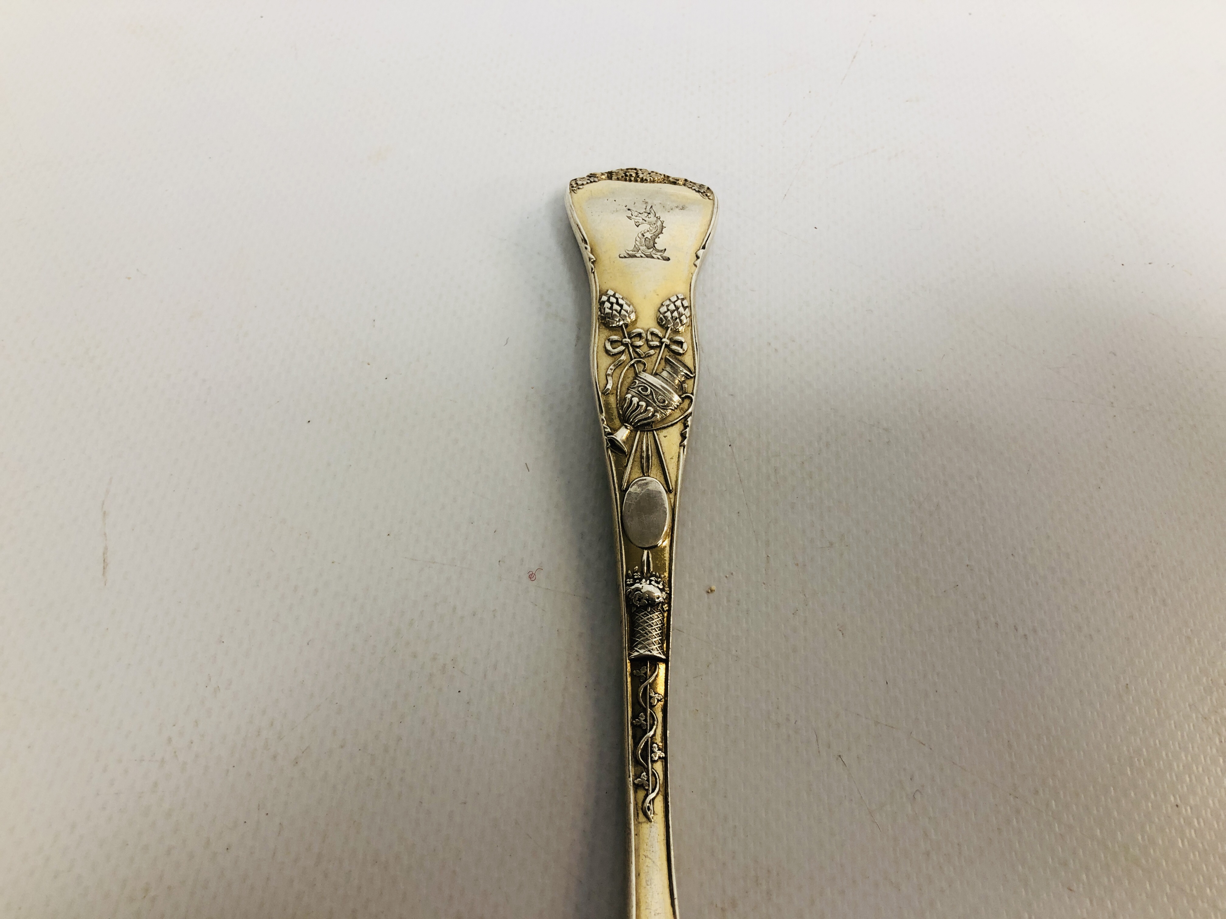 A VICTORIAN SILVER SERVING SPOON DECORATED WITH CLASSICAL FIGURES AND MYTHICAL CREATURES, - Image 7 of 9