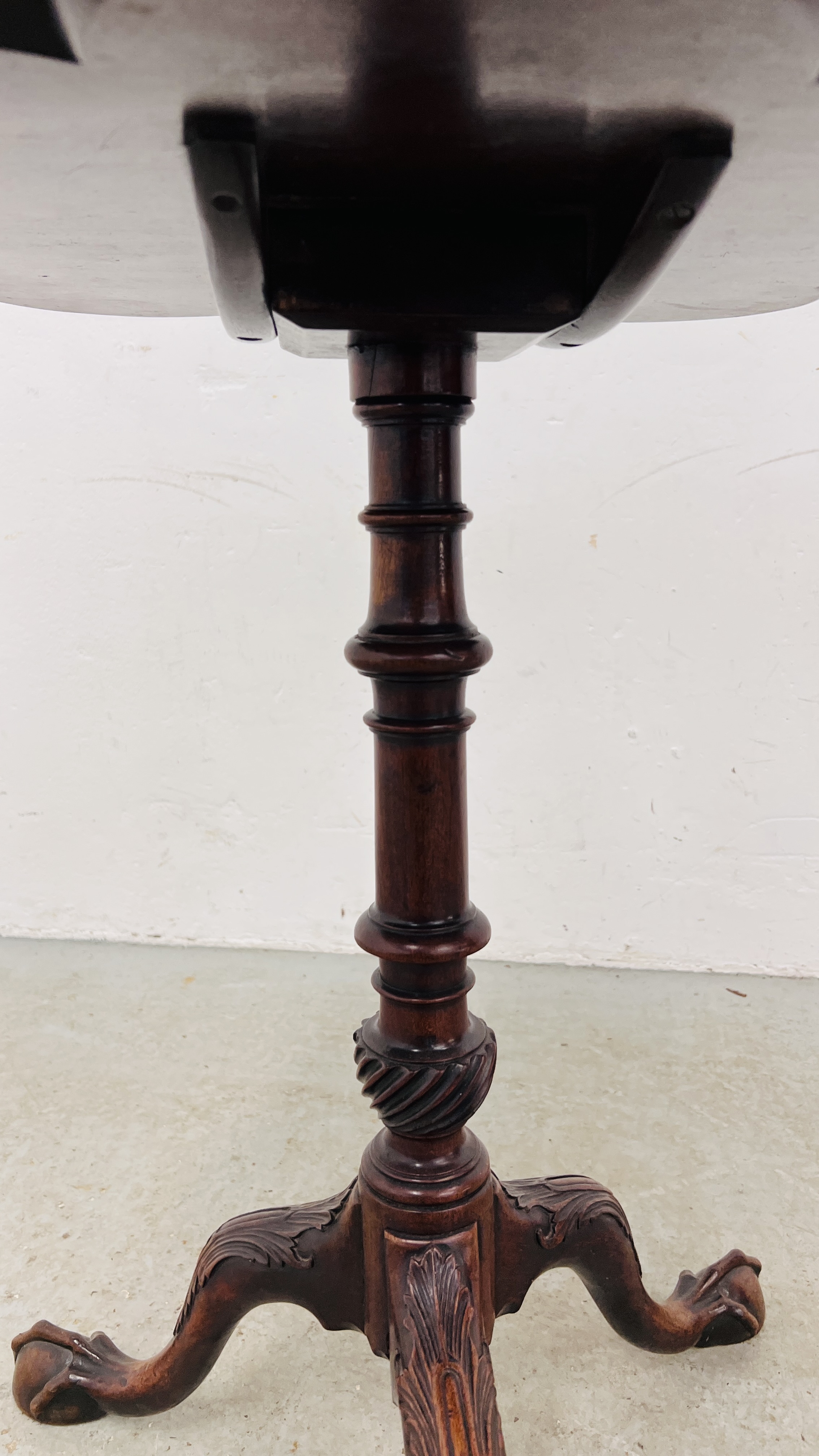 A GEORGE III MAHOGANY LOBED TRAY TOP PEDESTAL TABLE WITH TILT TOP ACTION ON CARVED TRIPOD BASE, - Image 3 of 11