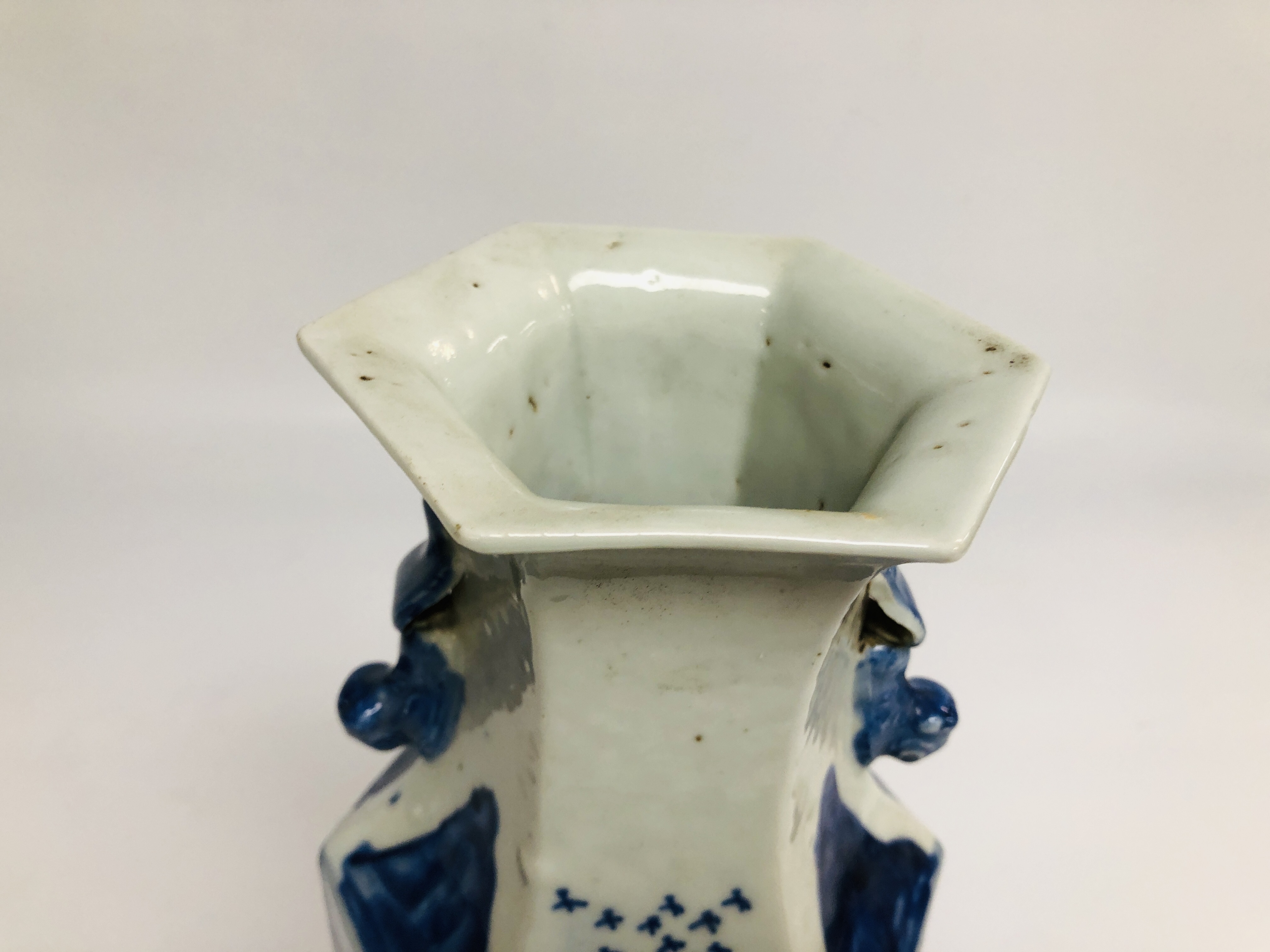 CHINESE BLUE AND WHITE HEXAGONAL VASE DECORATED WITH FIGURES IN A LANDSCAPE, - Image 4 of 6