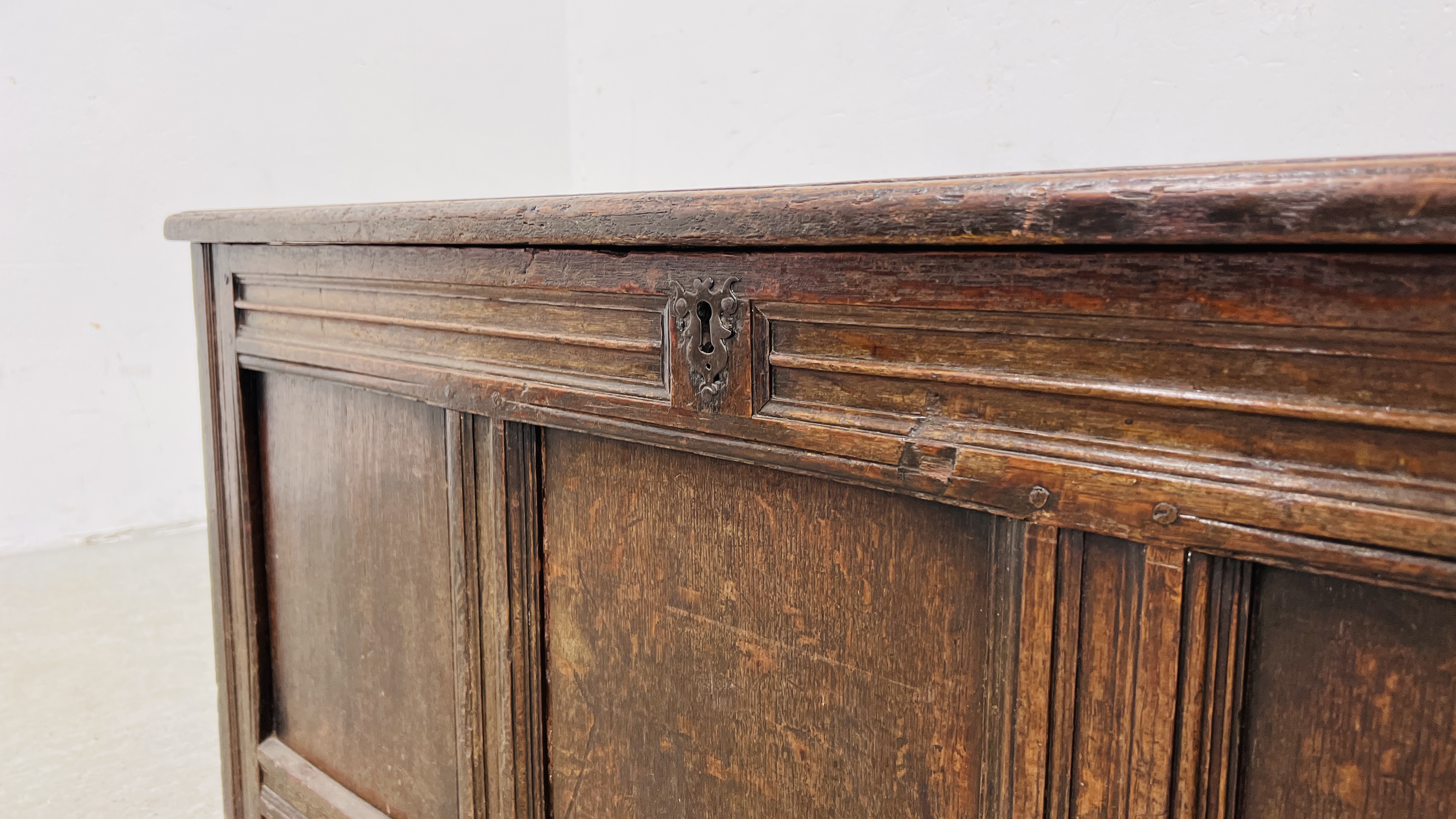 A LATE C17th OAK COFFER, W 132CM, D 54CM, H 58CM. - Image 8 of 20