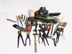BOX OF VINTAGE COLLECTIBLE TOOLS AND SPANNERS ALONG WITH VARIOUS PLANES TO INCLUDE RECORD BLOCK