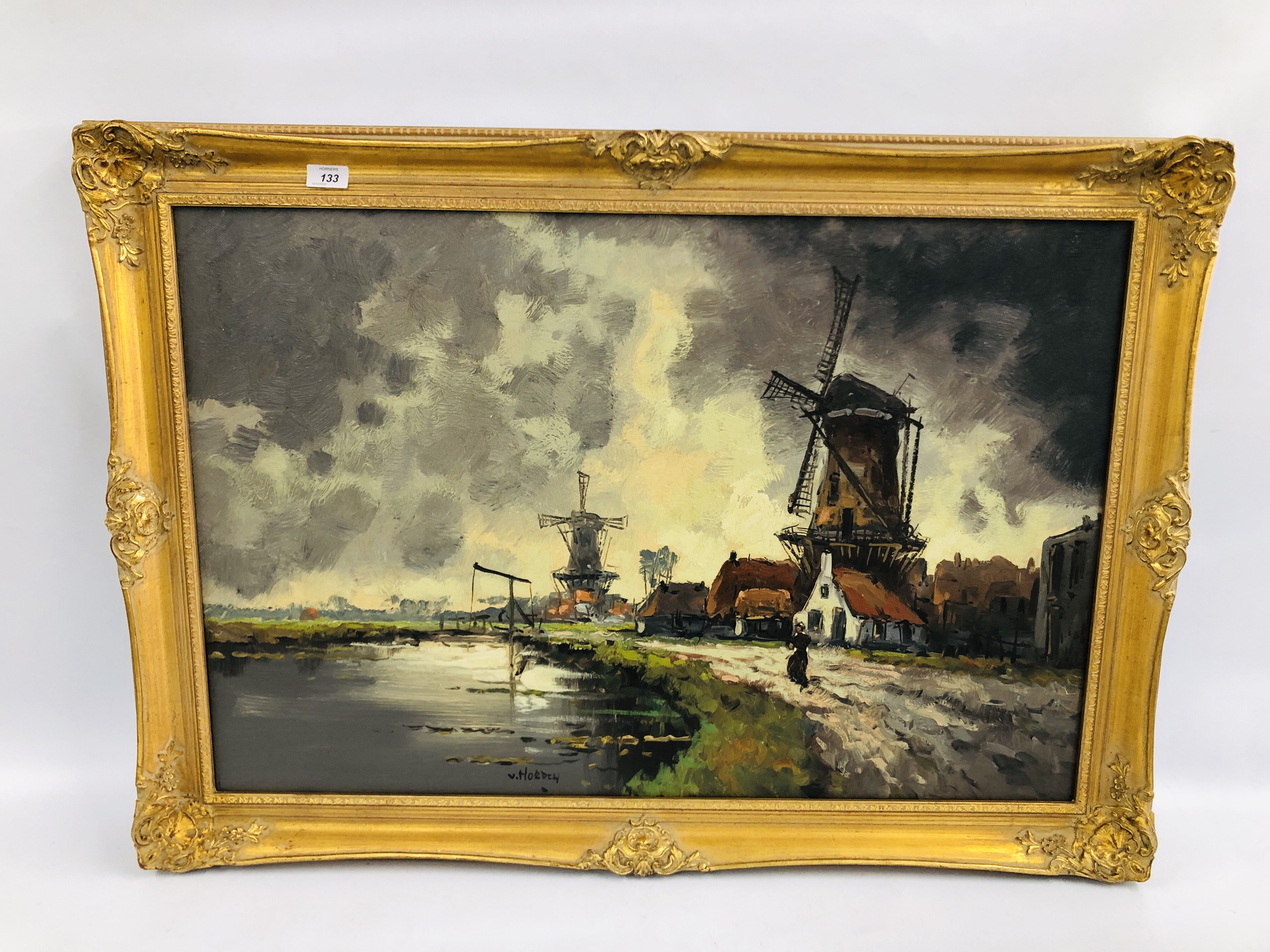 V. HORDEN (C20th NETHERLANDISH) RURAL SCENE WITH TWO WINDMILLS, OIL ON CANVAS, 60 X 90CM.