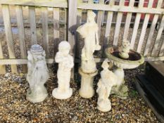 COLLECTION OF FIVE DECORATIVE GARDEN STONEWORK ORNAMENTS TO INCLUDE LADY WITH BASKET, BOY WITH DOG,