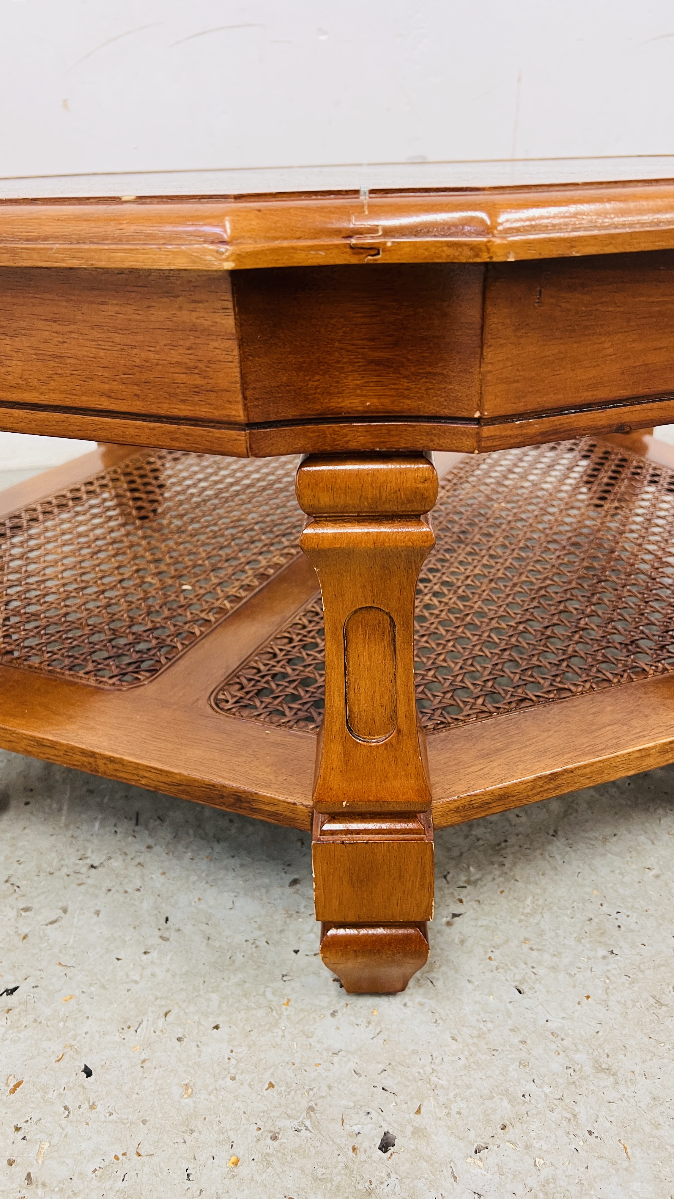 A GLASS TOP OCTAGONAL COFFEE TABLE WITH LOWER BERGERE WORK SHELF - Image 8 of 9