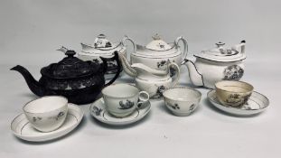 A GROUP OF ANTIQUE PORCELAIN TEAPOTS (4) AND CABINET CHINA DEPICTING BLACK AND WHITE SCENES,