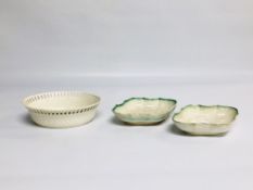 A PAIR OF CREAMWARE DISHES OF LOZENGE FORM ALONG WITH A WEDGWOOD CREAMWARE PIERCED BASKET WIDTH 22.