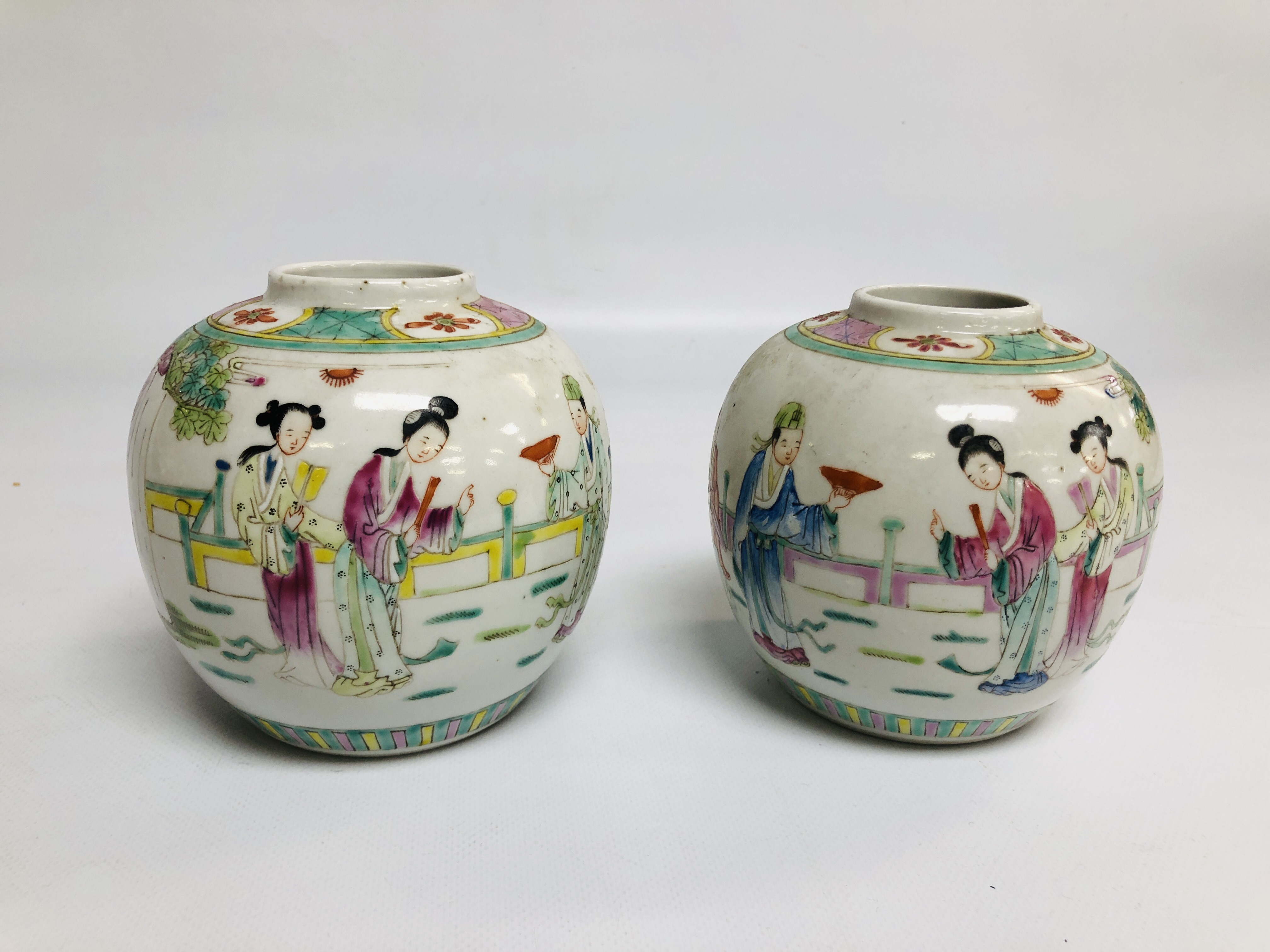 A PAIR OF C19th CHINESE POLYCHROME GINGER JARS, HEIGHT 12.5CM.