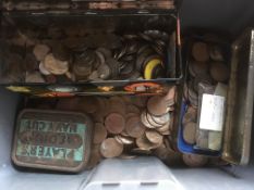 BOX OF MAINLY OLD PENNIES IN CONTAINERS, WEIGHT 14K+, ALSO OVERSEAS AND AN ALBUM MIXED COINS.