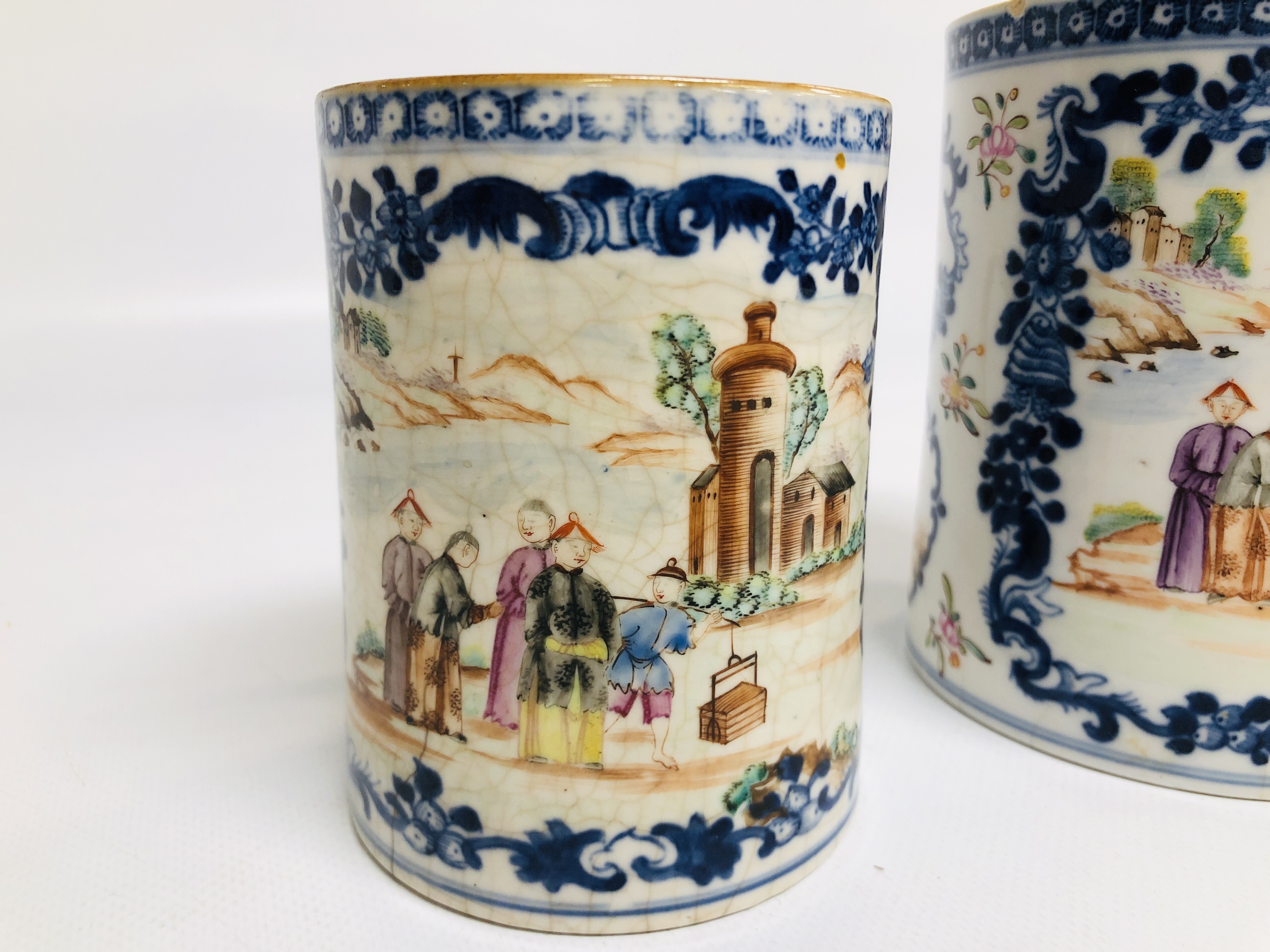 TWO CHINESE QIAN LONG TANKARDS DECORATED WITH FIGURES, HEIGHTS 13CM AND 11. - Image 2 of 12