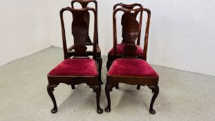 THREE GEORGE I WALNUT DINING CHAIRS ON SHELL CARVED CABRIOLE LEGS ALONG WITH A GEORGE I SINGLE