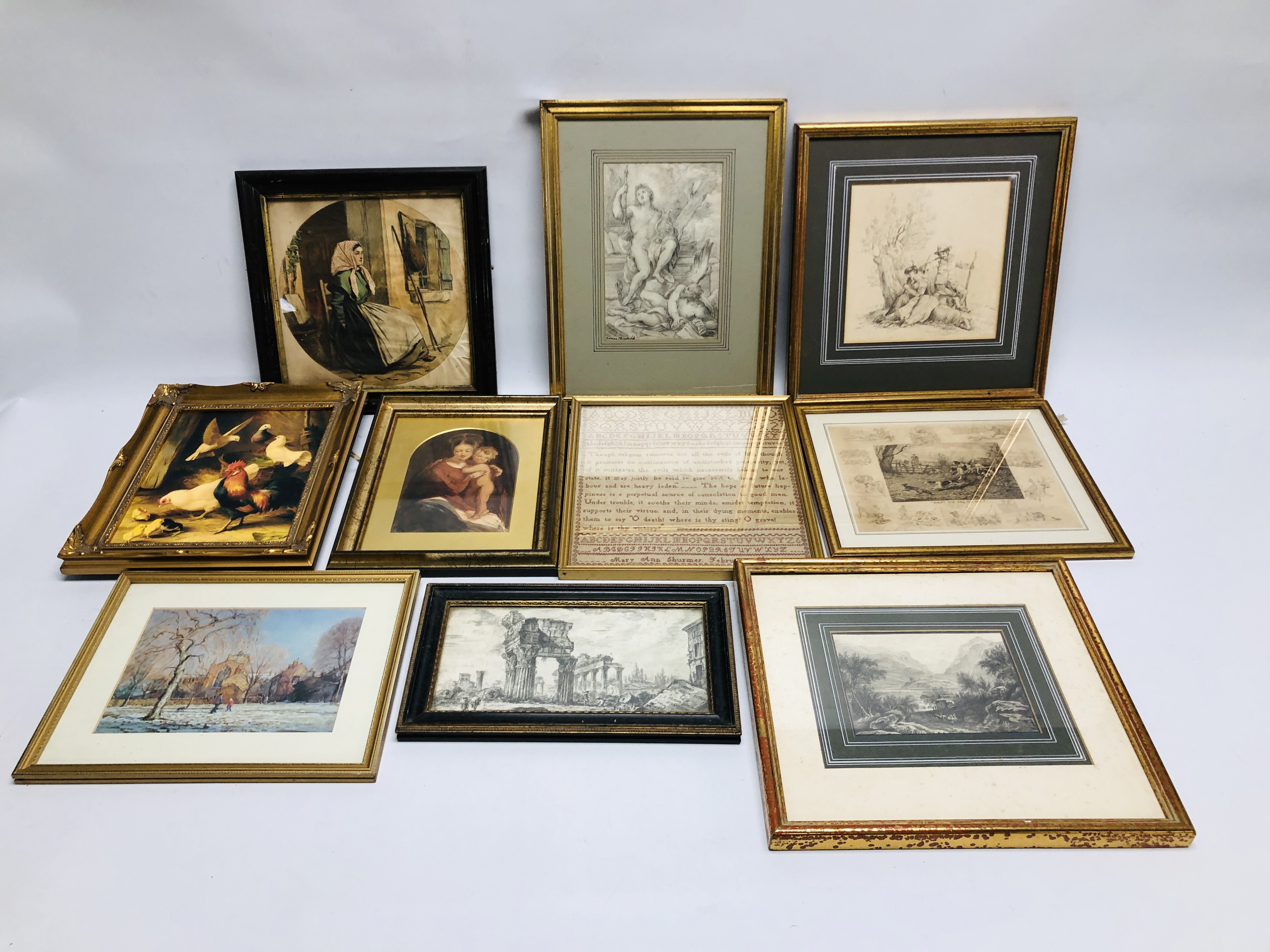 A GROUP OF FOUR VARIOUS PRINTS ALONG WITH A C19TH. DRAWING OF A SHEPHERDESS AND COMPANION SIGNED H.