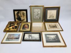 A GROUP OF FOUR VARIOUS PRINTS ALONG WITH A C19TH. DRAWING OF A SHEPHERDESS AND COMPANION SIGNED H.