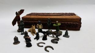 ETHNIC CARVED HARDWOOD RECTANGLE BOX AND CONTENTS TO INCLUDE VINTAGE MINIATURE FIGURES TO INCLUDE