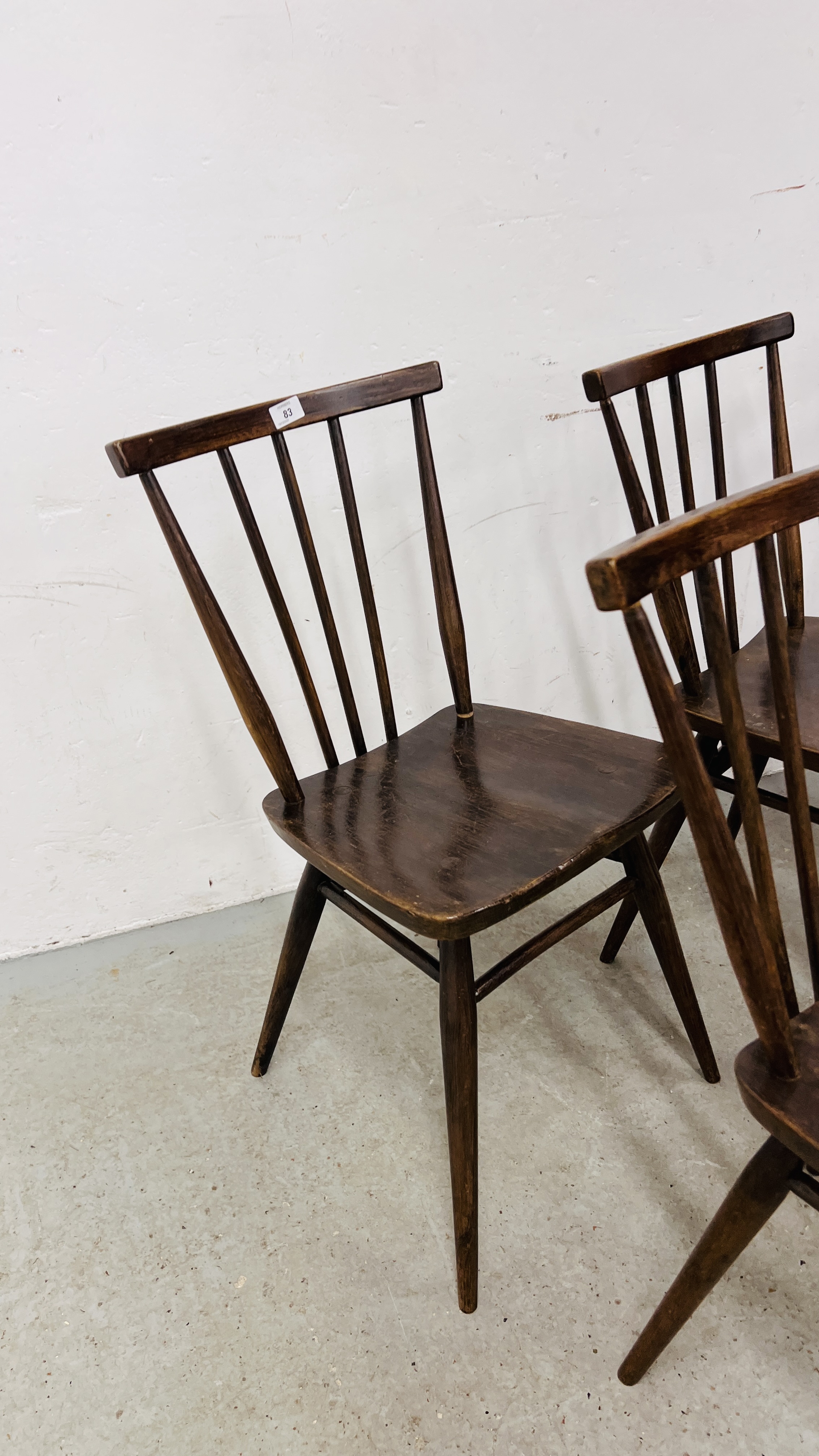 A SET OF SIX DARK ERCOL STICK BACK DINING CHAIRS, 1 A/F. - Image 3 of 17