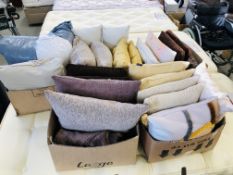 FIVE BOXES CONTAINING QUANTITY OF ASSORTED GOOD QUALITY CUSHIONS.