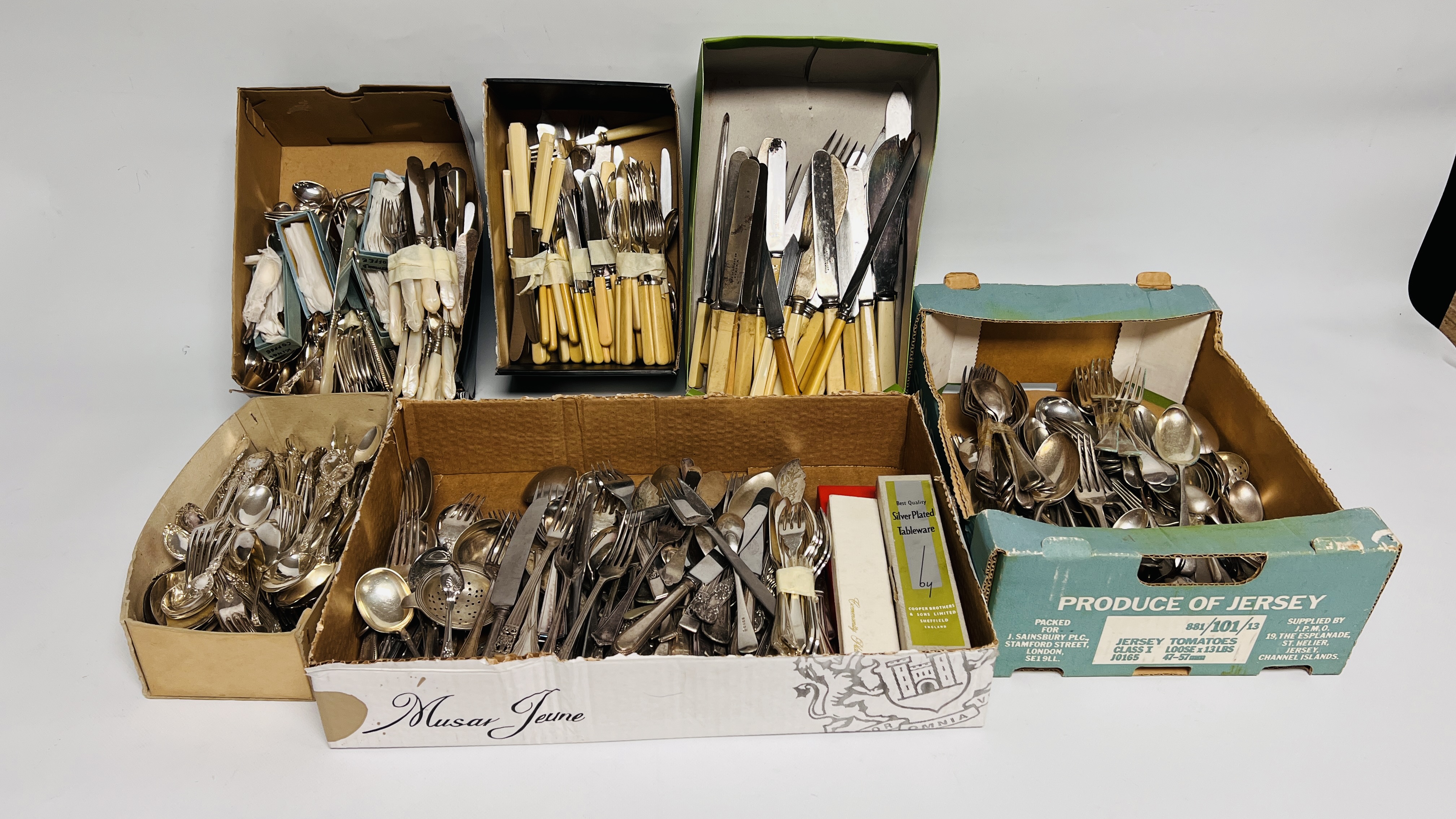 AN EXTENSIVE COLLECTION OF ASSORTED LOOSE SILVER PLATED CUTLERY IN 6 BOXES