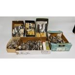 AN EXTENSIVE COLLECTION OF ASSORTED LOOSE SILVER PLATED CUTLERY IN 6 BOXES