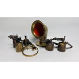 A GROUP OF 4 X VINTAGE BLOW TORCHES AND A VINTAGE BRASS HORN ALONG WITH A HEAVY BRASS SHIPS VENT H