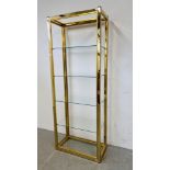 A BRASS AND GLASS FULL HEIGHT OPEN SHELVING UNIT, HEIGHT 195CM.