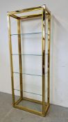 A BRASS AND GLASS FULL HEIGHT OPEN SHELVING UNIT, HEIGHT 195CM.