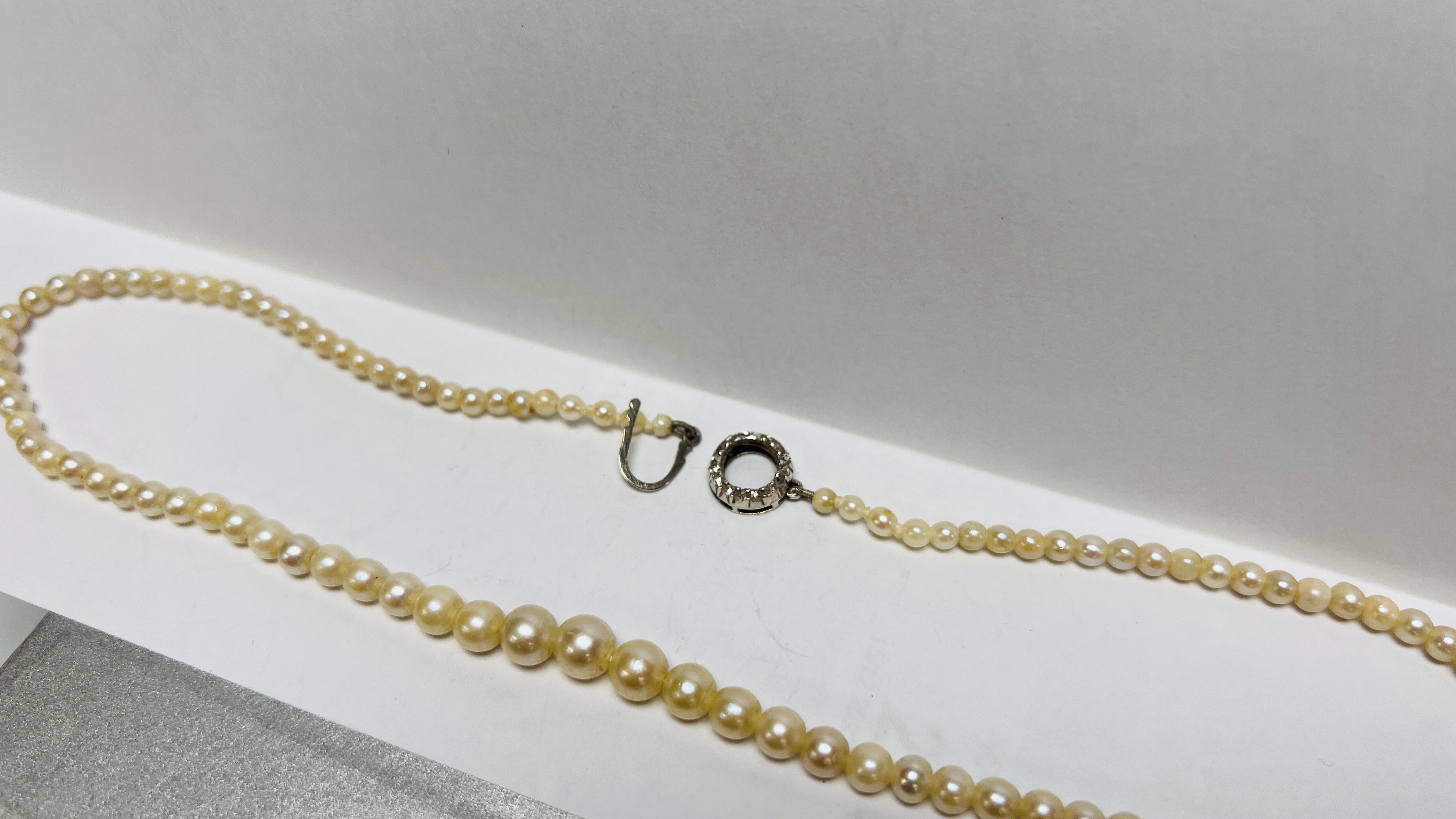 A VINTAGE SILVER STRAND PEARL NECKLACE LENGTH 40CM. - Image 3 of 6