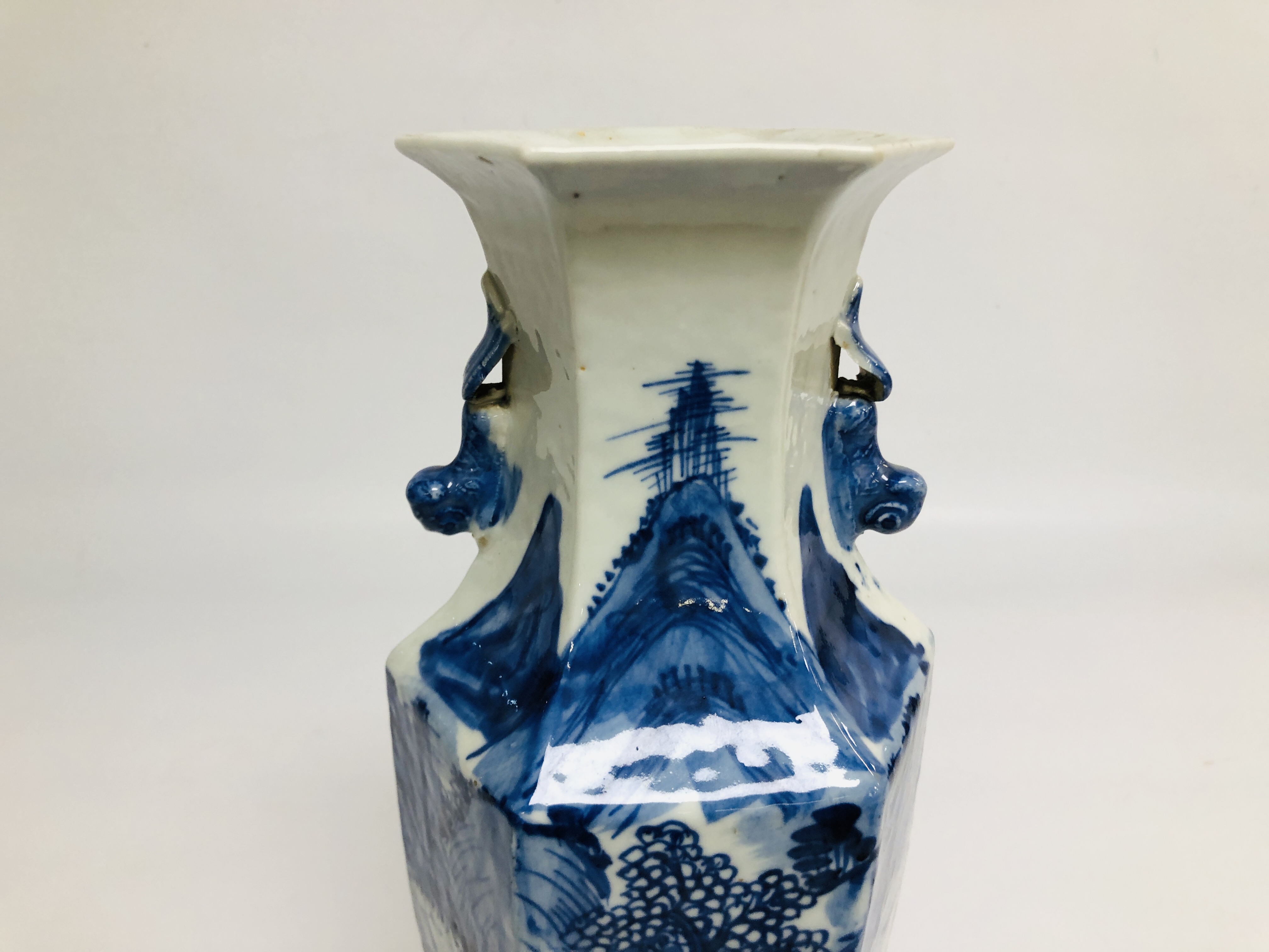 CHINESE BLUE AND WHITE HEXAGONAL VASE DECORATED WITH FIGURES IN A LANDSCAPE, - Image 2 of 6
