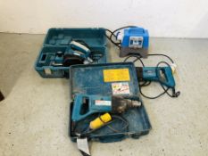 THREE MAKITA 110V POWER TOOLS TO INCLUDE 82MM 1902 ELECTRIC PLANER AND TWO 8406 DRILLS ALONG WITH