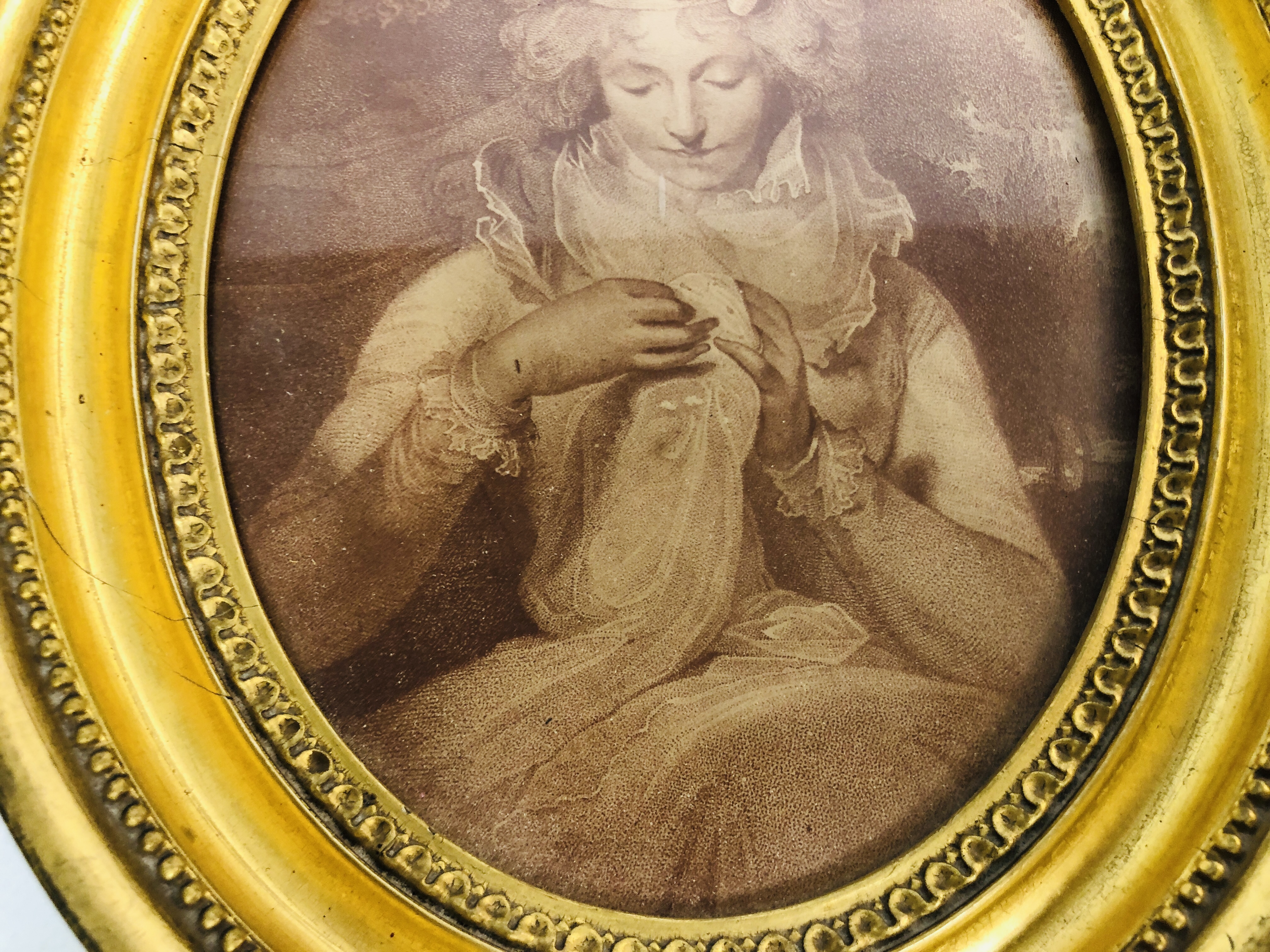 A PAIR OF C18th SEPIA PRINTS, A LADY AND A CHILD WITH A DRUM IN OVAL FRAMES, HEIGHT 25.5CM. - Image 4 of 8