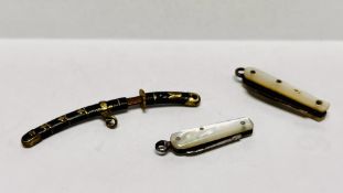 TWO MINIATURE MOTHER OF PEARL POCKET KNIVES ALONG WITH A MINIATURE SAMURAI SWORD - NO POSTAGE,