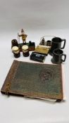 BOX OF COLLECTIBLES TO INCLUDE PEWTER TANKARDS, CAST MONEY BANK "TRICK DOG", CRUET,