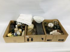 3 X BOXES OF ASSORTED CHINA AND COLLECTIBLES TO INCLUDE GLASS AND CERAMIC JELLY MOULDS,