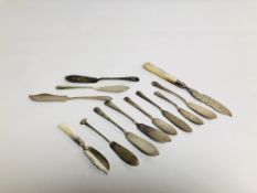 A GROUP OF 12 SILVER BUTTER KNIVES WITH MOTHER OF PEARL HANDLES,