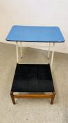 A VINTAGE BLUE FORMICA TOP WORK TABLE ON WHITE PAINTED METAL LEGS ALONG WITH A RETRO FORMICA TOP