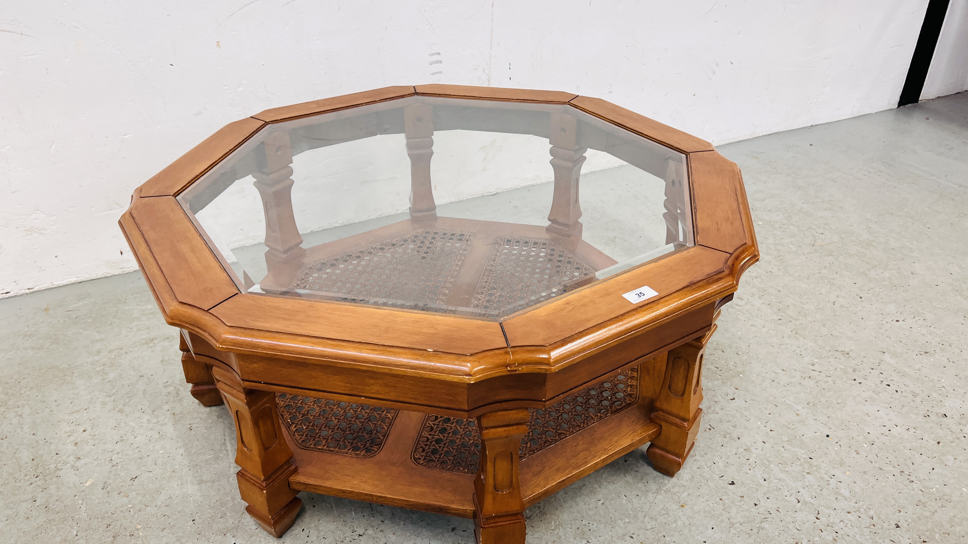 A GLASS TOP OCTAGONAL COFFEE TABLE WITH LOWER BERGERE WORK SHELF - Image 3 of 9