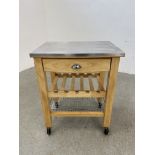 A SOLID BEECHWOOD CHEFS WORKSTATION WITH STAINLESS STEEL TOP WIDTH 70CM. DEPTH 50CM.