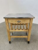 A SOLID BEECHWOOD CHEFS WORKSTATION WITH STAINLESS STEEL TOP WIDTH 70CM. DEPTH 50CM.