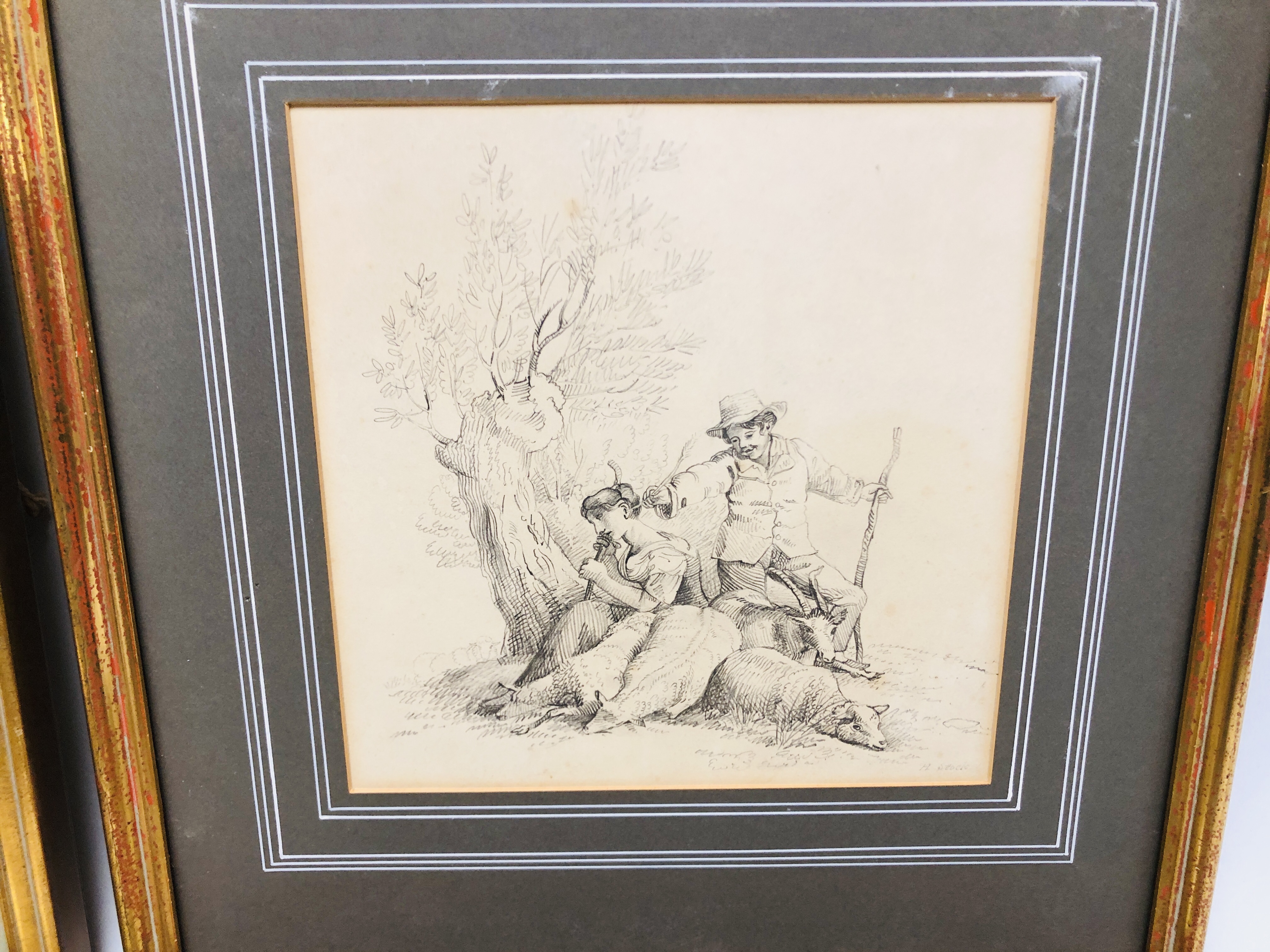 A GROUP OF FOUR VARIOUS PRINTS ALONG WITH A C19TH. DRAWING OF A SHEPHERDESS AND COMPANION SIGNED H. - Image 4 of 13