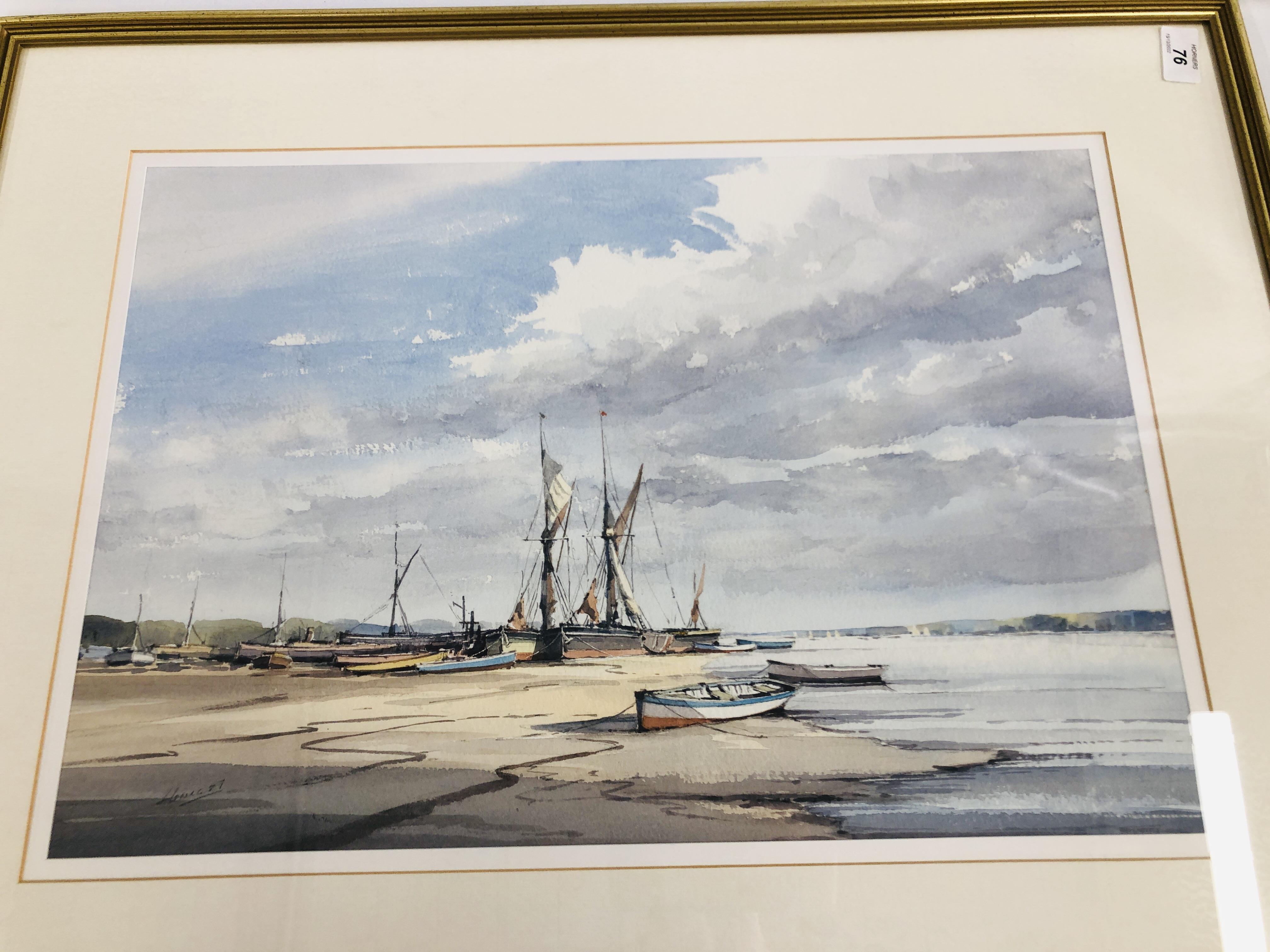 GRAHAM HOWLETT WATERCOLOUR, SUFFOLK ESTUARY WITH BEACHED BOATS, W 53CM X H 36.5CM. - Image 2 of 4