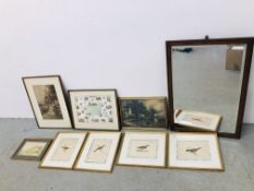 A GROUP OF PICTURES AND PRINTS TO INCLUDE AN OAK FRAMED MIRROR ALONG WITH A SET OF FOUR FRAMED