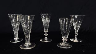 FIVE VARIOUS C19th GLASSES WITH INVERTED CONE BOWLS.