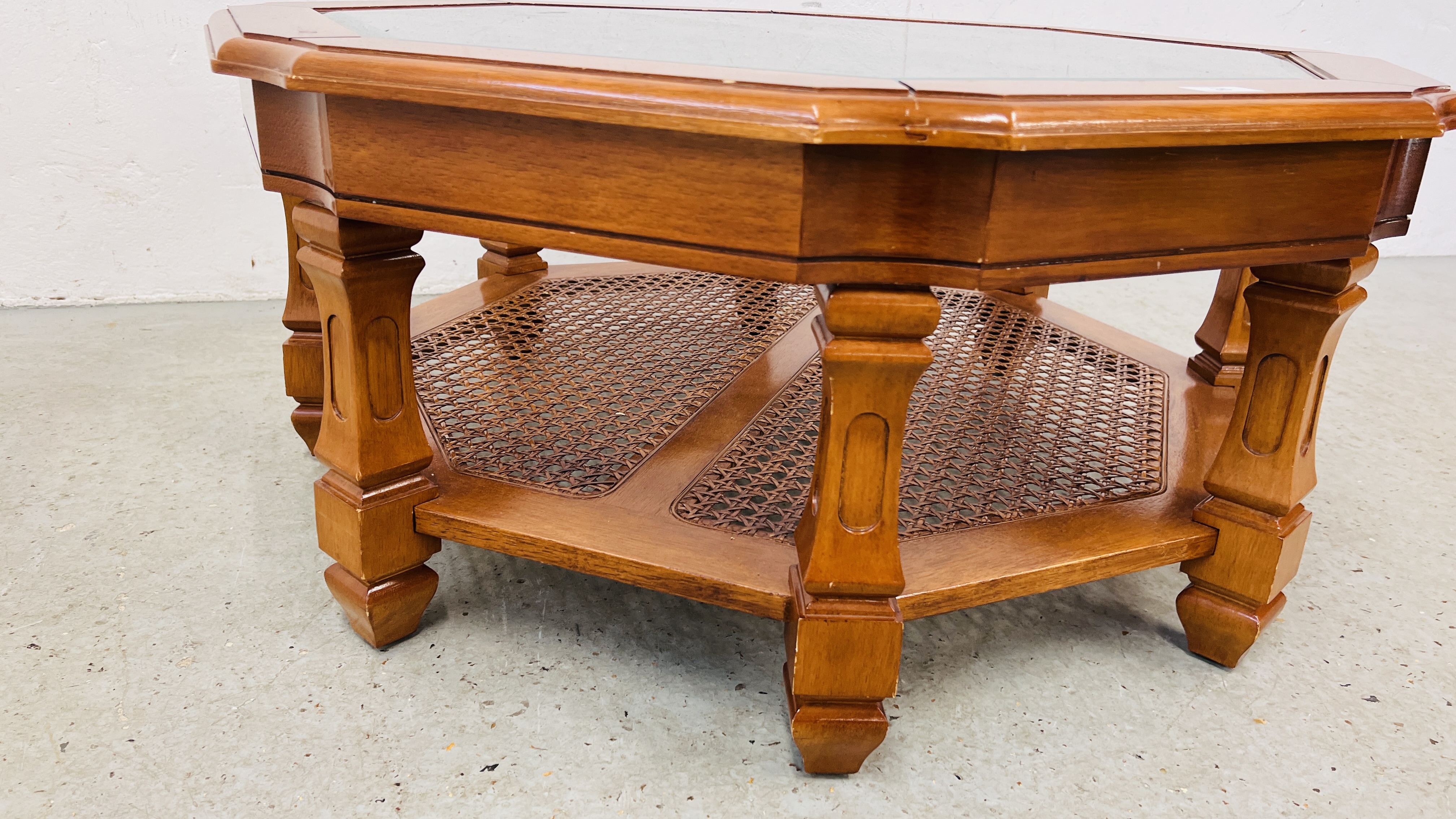 A GLASS TOP OCTAGONAL COFFEE TABLE WITH LOWER BERGERE WORK SHELF - Image 4 of 9