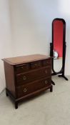 STAG STYLE THREE OVER TWO DRAWER CHEST ALONG WITH A FULL LENGTH MODERN CHEVAL MIRROR AND STAND