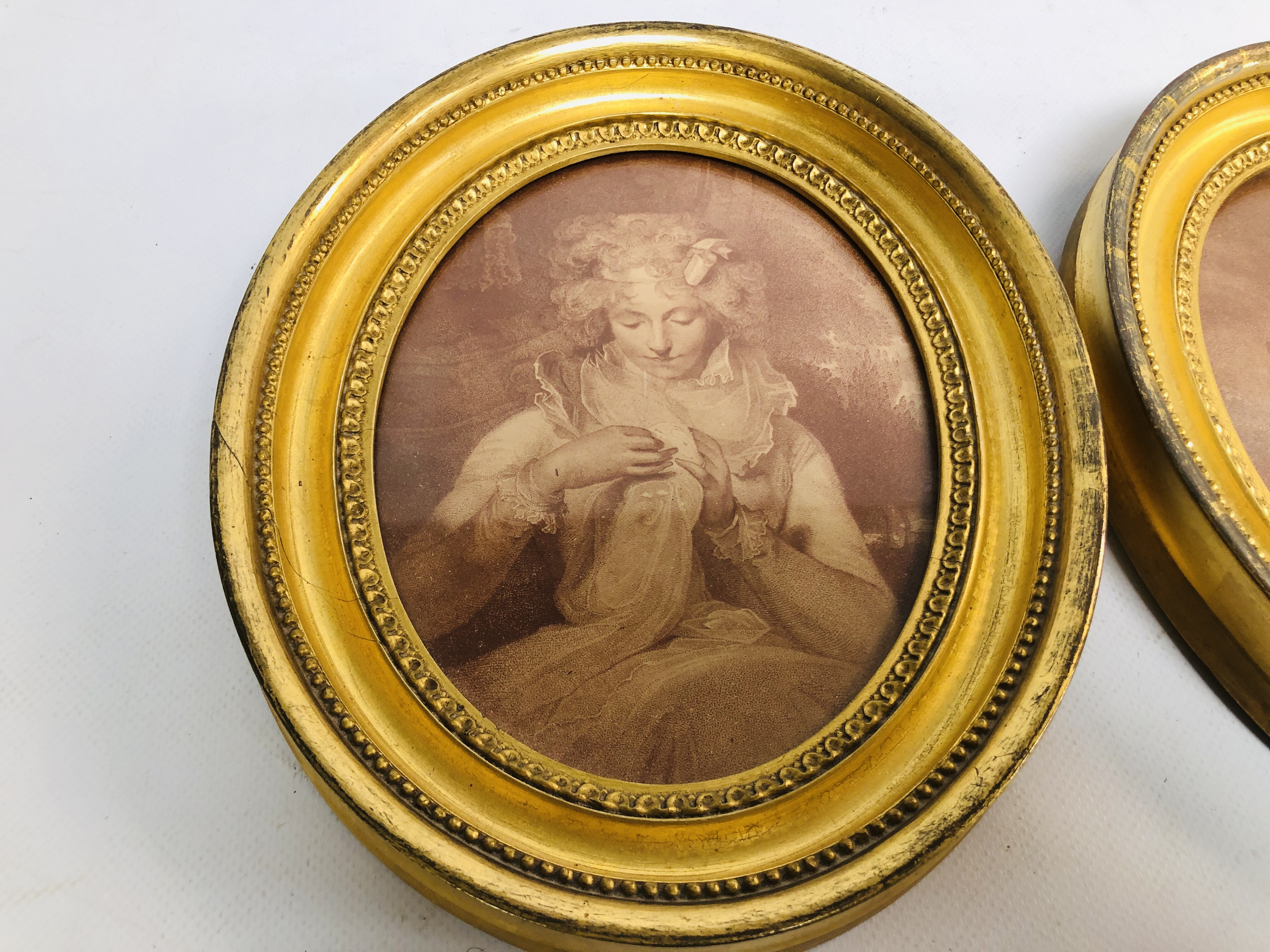 A PAIR OF C18th SEPIA PRINTS, A LADY AND A CHILD WITH A DRUM IN OVAL FRAMES, HEIGHT 25.5CM. - Image 2 of 8