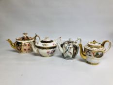 A GROUP OF 4 ANTIQUE TEAPOTS TO INCLUDE A CROWN DERBY STYLE IMARI PATTERN EXAMPLE,